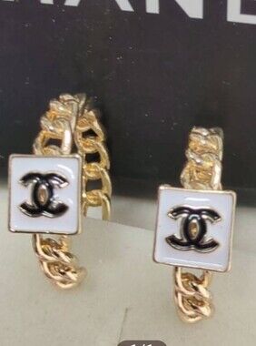 Gold Chain Hoop Earrings with White Enamel Logo
